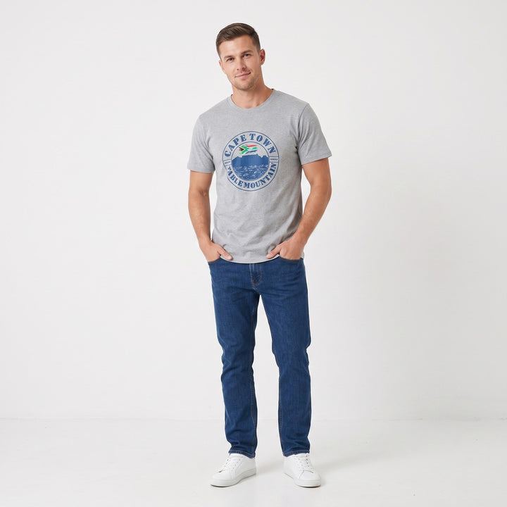 Front view of a grey melange short-sleeve crew neck t-shirt with a blue and green &