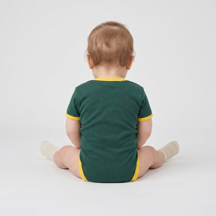 Green and yellow trim short sleeve infant Winter Grower bodysuit, viewed from the back. Made for comfort.
