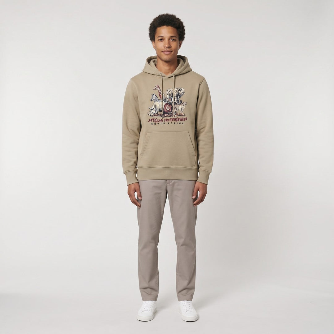 Khaki 'Big 5 Adventure' hoodie featuring an 'African Experience South Africa' graphic print with safari animals, front view.