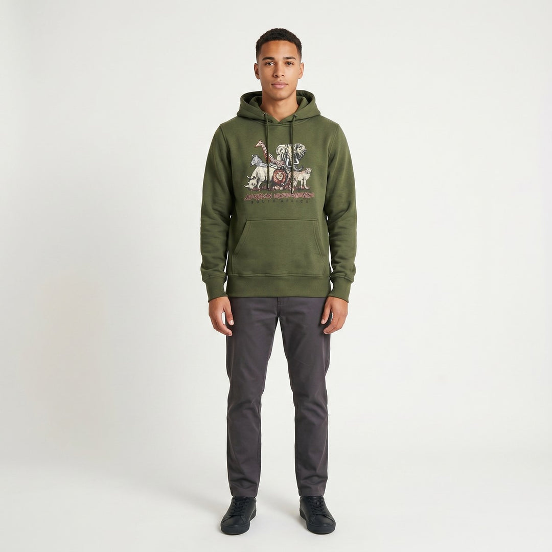 Olive green Big 5 Adventure hoodie, front graphic print of African safari animals: elephant, rhino, lion, and leopard.