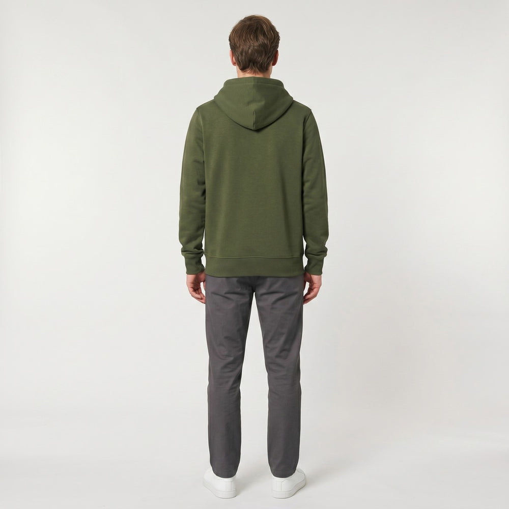Back view of an olive green Big 5 Adventure Hoodie with long sleeves, ribbed cuffs and hem, and an attached hood, laid flat.