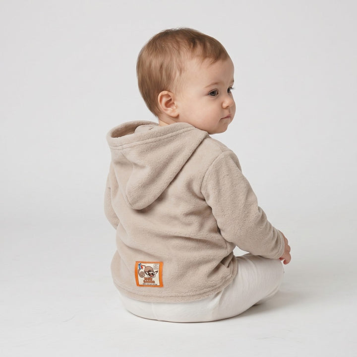 Beige fleece Hoodie Lion Stone for infants, featuring a hood and long sleeves, shown from the back with a distinctive orange
