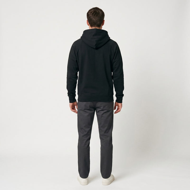 Black Hoodie SA Flag, made from comfortable fabric, shown from the back view. Features a classic hooded design and ribbed