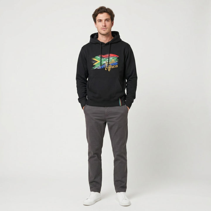 Black long-sleeved hooded hoodie featuring a vibrant South Africa flag graphic on the front, designed for comfort and style.