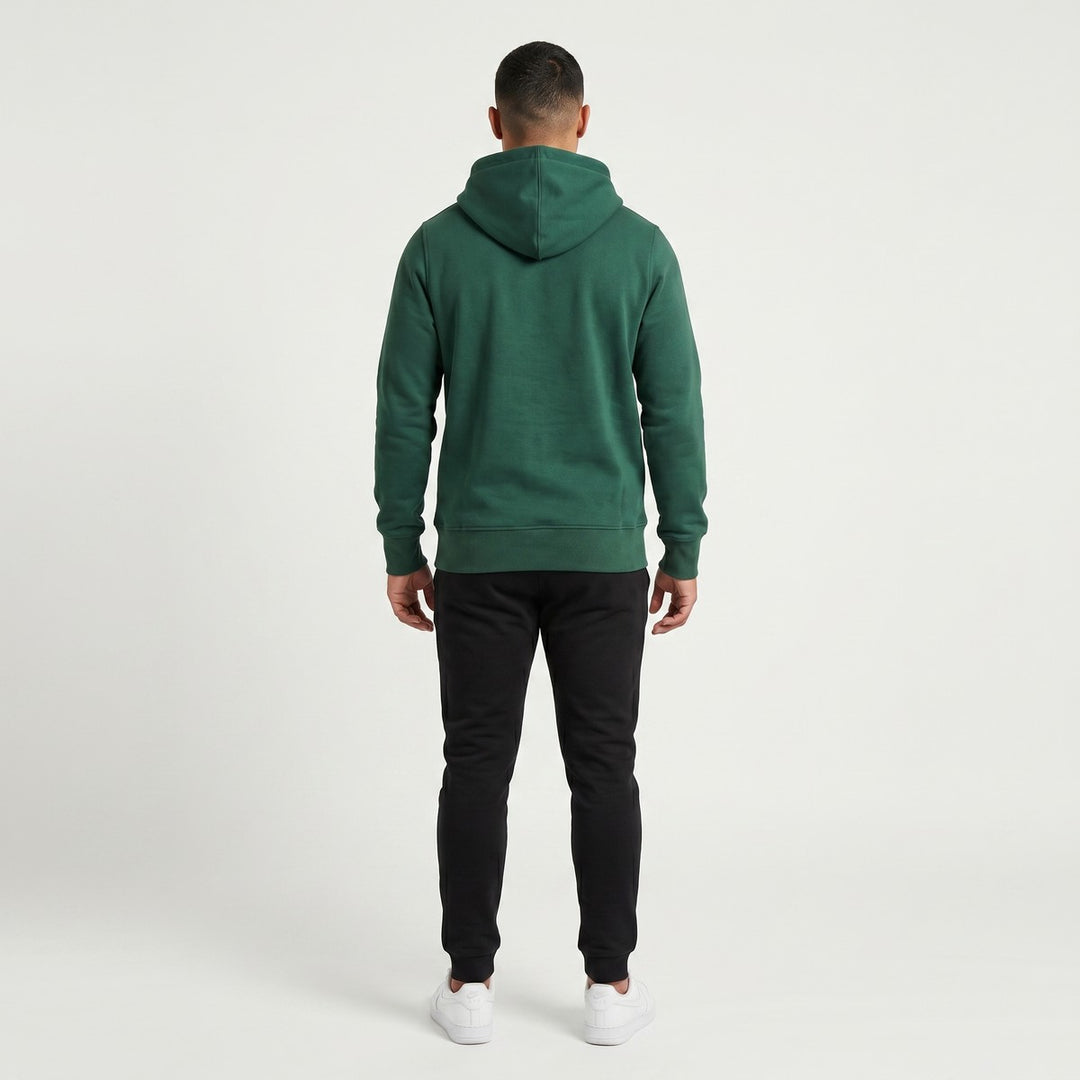 Dark green SA Rugby hoodie for men, made from comfortable fleece fabric, featuring ribbed cuffs and hem, shown from the back