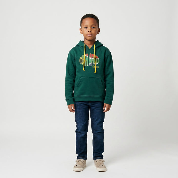 Green South Africa Rugby hoodie featuring the national flag colors in its logo, with yellow drawstrings and a kangaroo