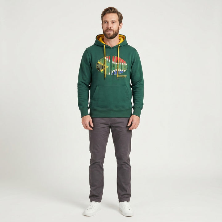 A green SA Rugby hoodie for men, featuring &