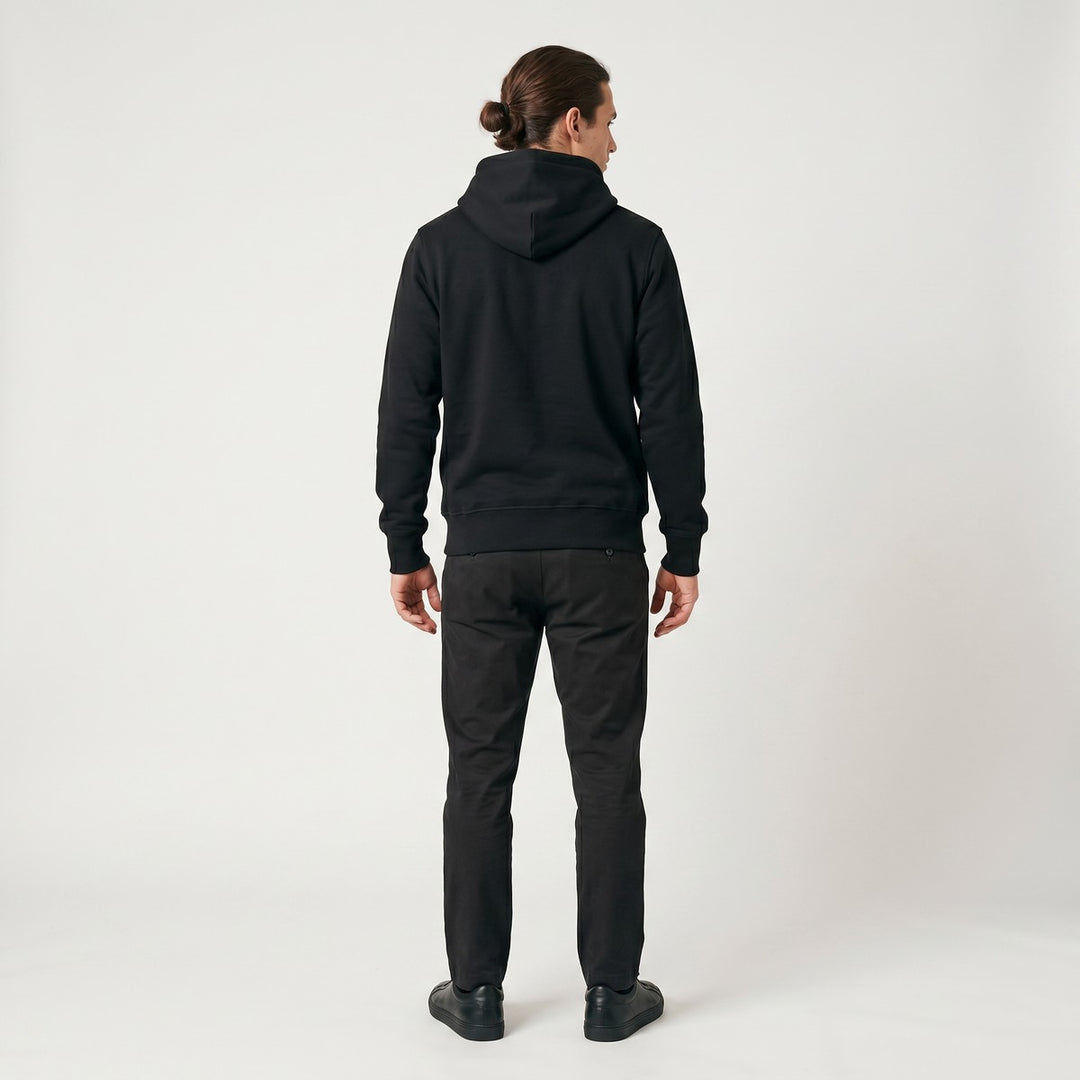 Back view of a plain black Hoodie SA Word Black, made from soft, comfortable fabric, suitable for everyday casual wear.