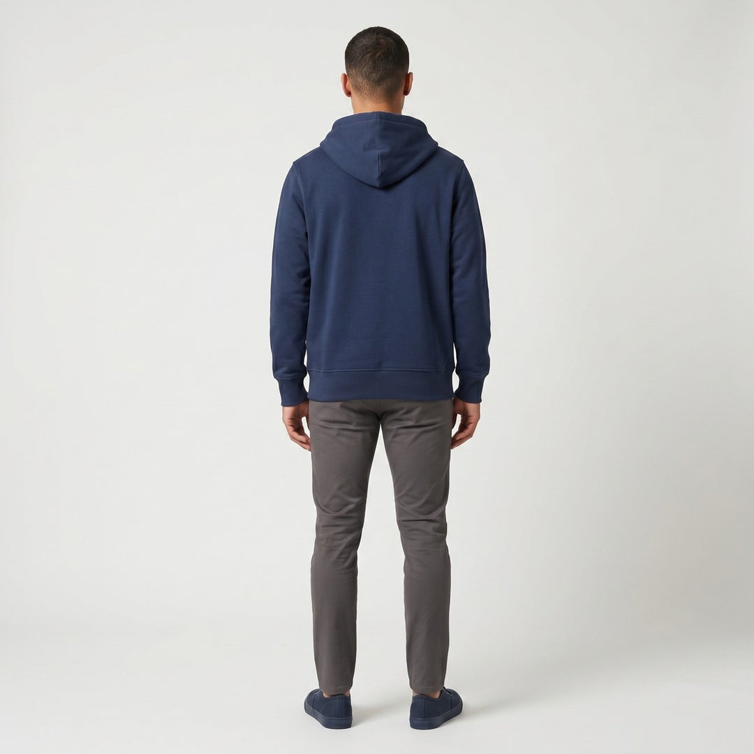 Plain navy blue Skyline hoodie, back view, featuring a hood, long sleeves with ribbed cuffs, and a ribbed hem on a white