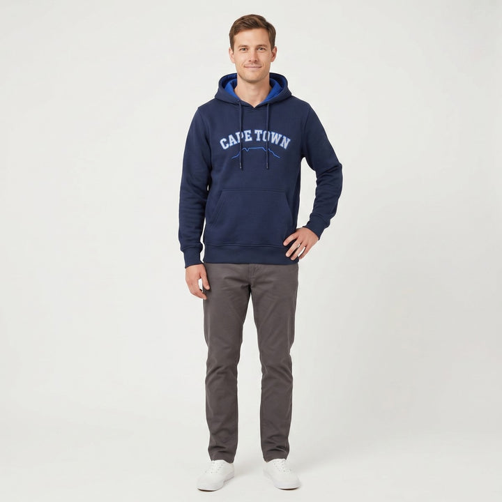 Navy blue Cape Town skyline print hoodie, long sleeve with a hood and front kangaroo pocket.