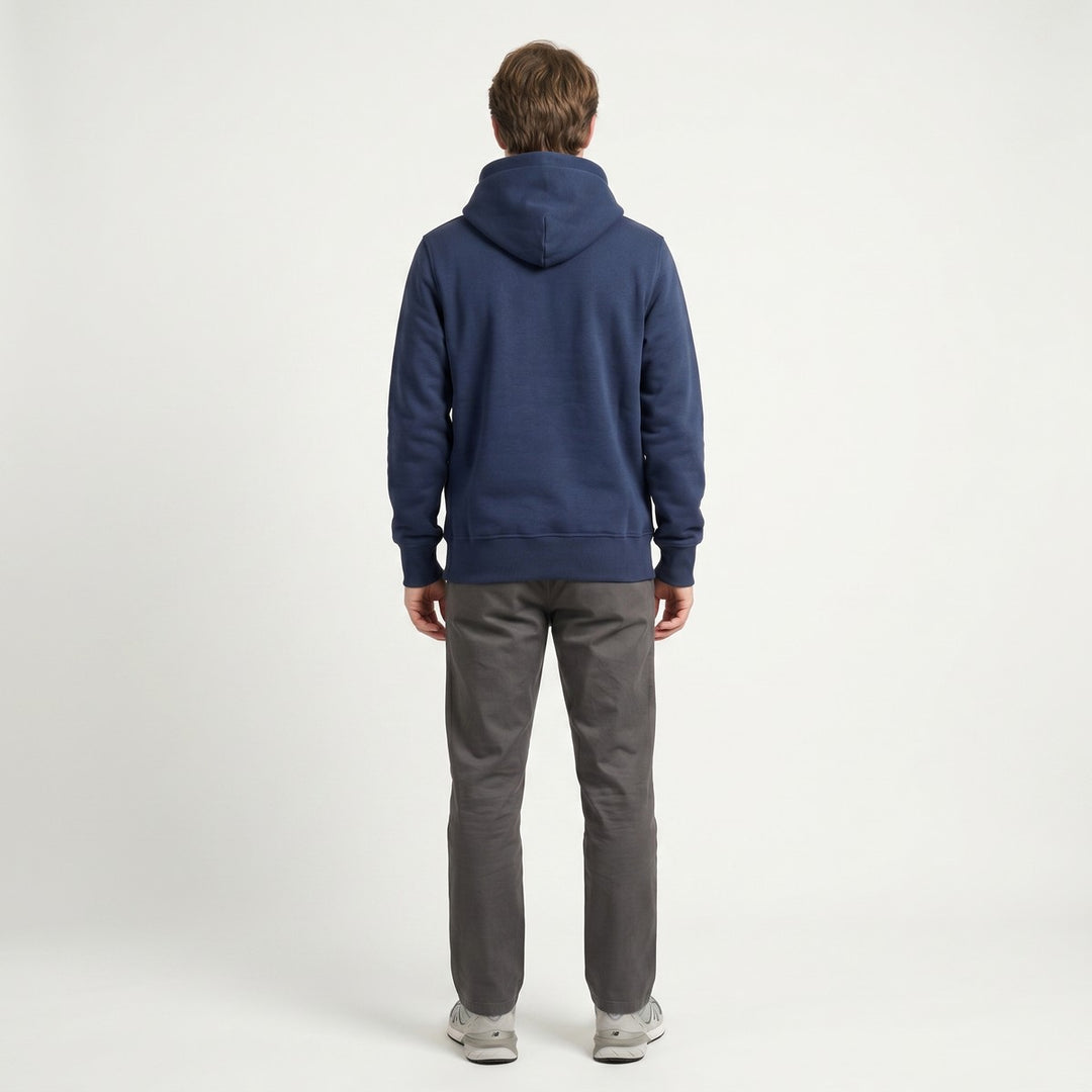 Navy blue Table Mountain hoodie, featuring a hood and ribbed cuffs, shown from the back laid flat.