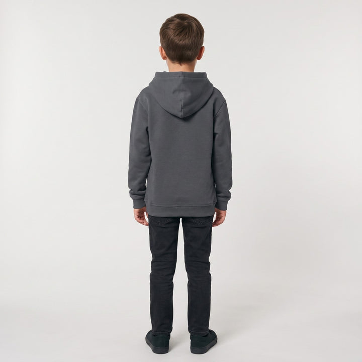 Thumbprint Charcoal Hoodie, viewed from the back, featuring a hood and long sleeves, laid flat on a white background.