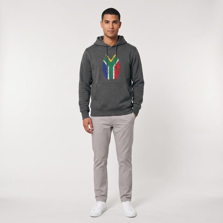 Charcoal grey hooded sweatshirt with a vibrant South African flag fingerprint graphic on the chest, comfortable and stylish.