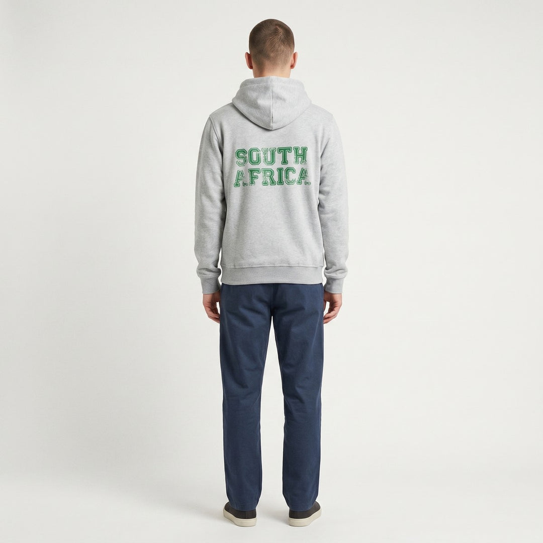 Grey melange hoodie, back view, featuring a distressed green &