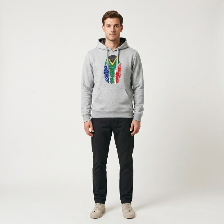 Grey melange hooded sweatshirt with a front kangaroo pocket, featuring a unique South African flag fingerprint design on the