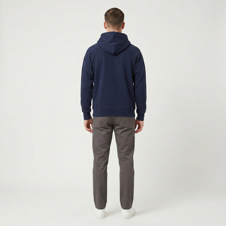 Back view of a plain navy blue Hoodie Towns hooded sweatshirt made from a comfortable cotton blend fabric, shown laid flat.