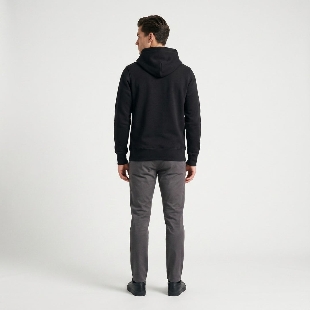 Black Hoodie Zebra Black, back view, with a hood, long sleeves, and ribbed cuffs and hem for comfort.