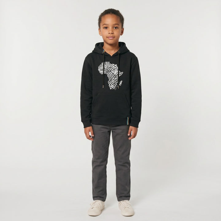Black hooded sweatshirt with a distinctive white zebra-print map of Africa on the front, featuring long sleeves and a
