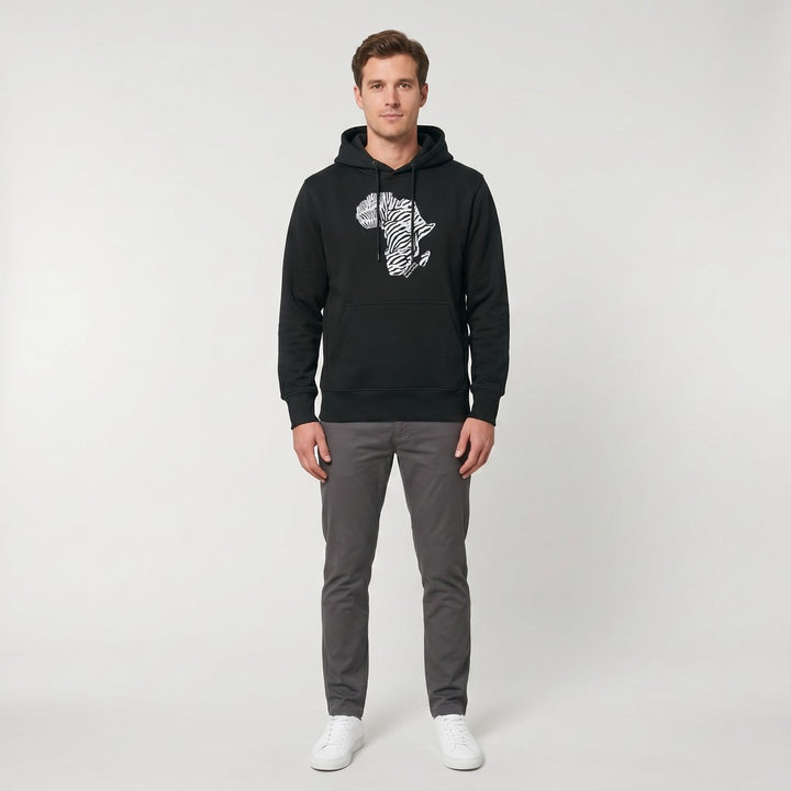 Black Hoodie Zebra Black featuring a prominent white zebra print map of Africa graphic on the front, displayed flat.