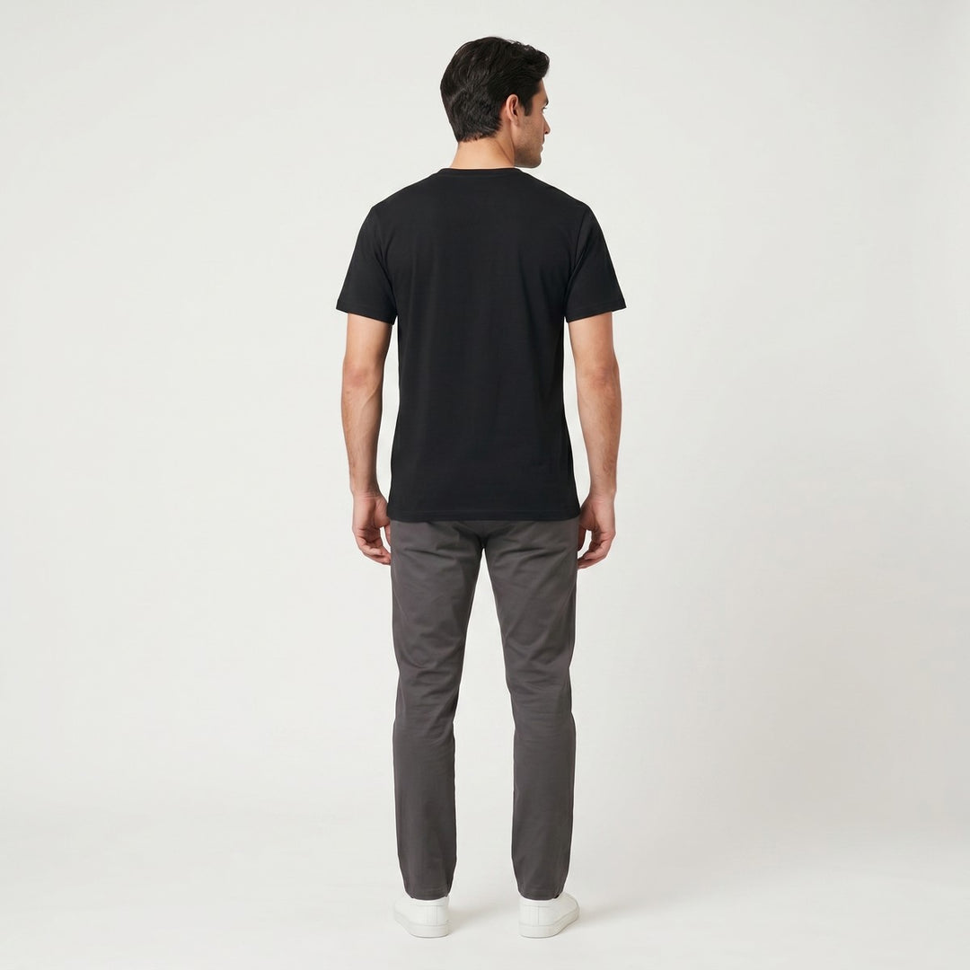 Black I Love SA t-shirt, made from a smooth cotton blend fabric, laid flat and viewed from the back, showing its plain