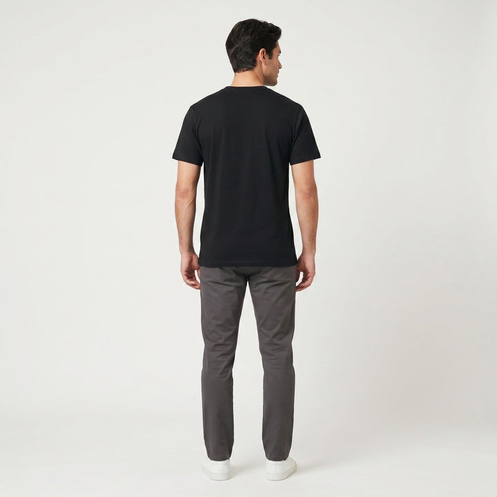Black I Love SA t-shirt, made from a smooth cotton blend fabric, laid flat and viewed from the back, showing its plain