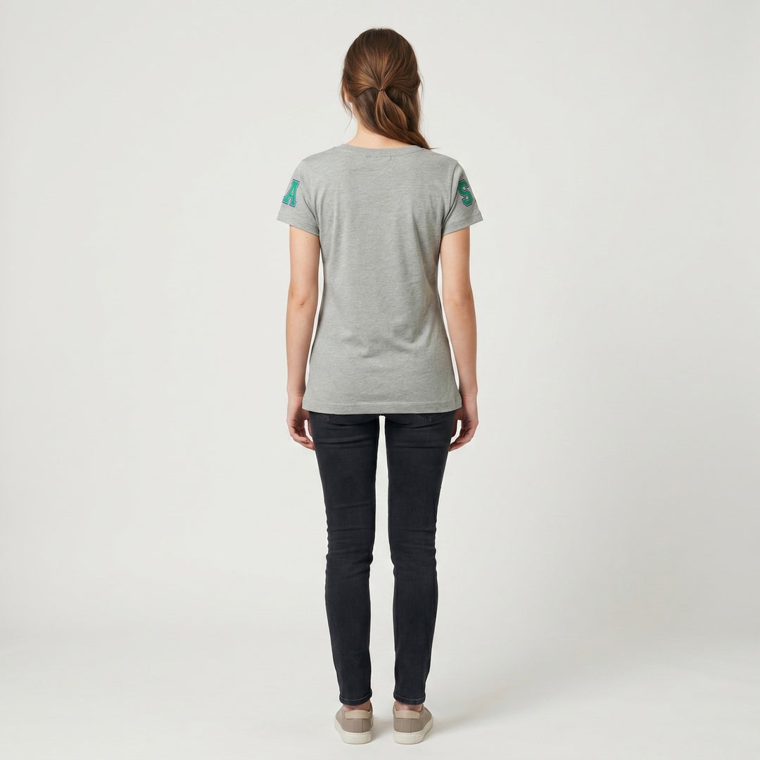 Back view of a grey melange Joburg T-Shirt with short sleeves, featuring green and blue letter graphics &