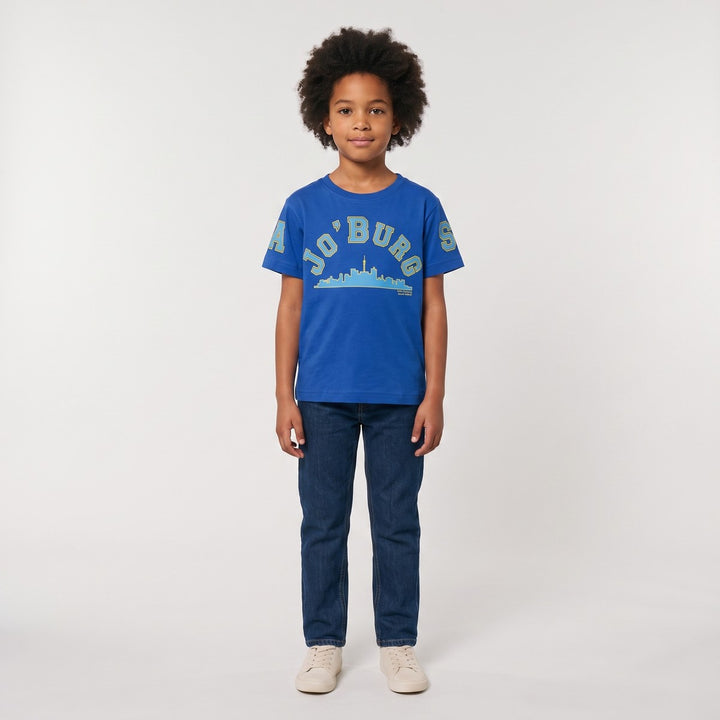 Royal blue Joburg t-shirt for children, featuring a light blue and yellow &