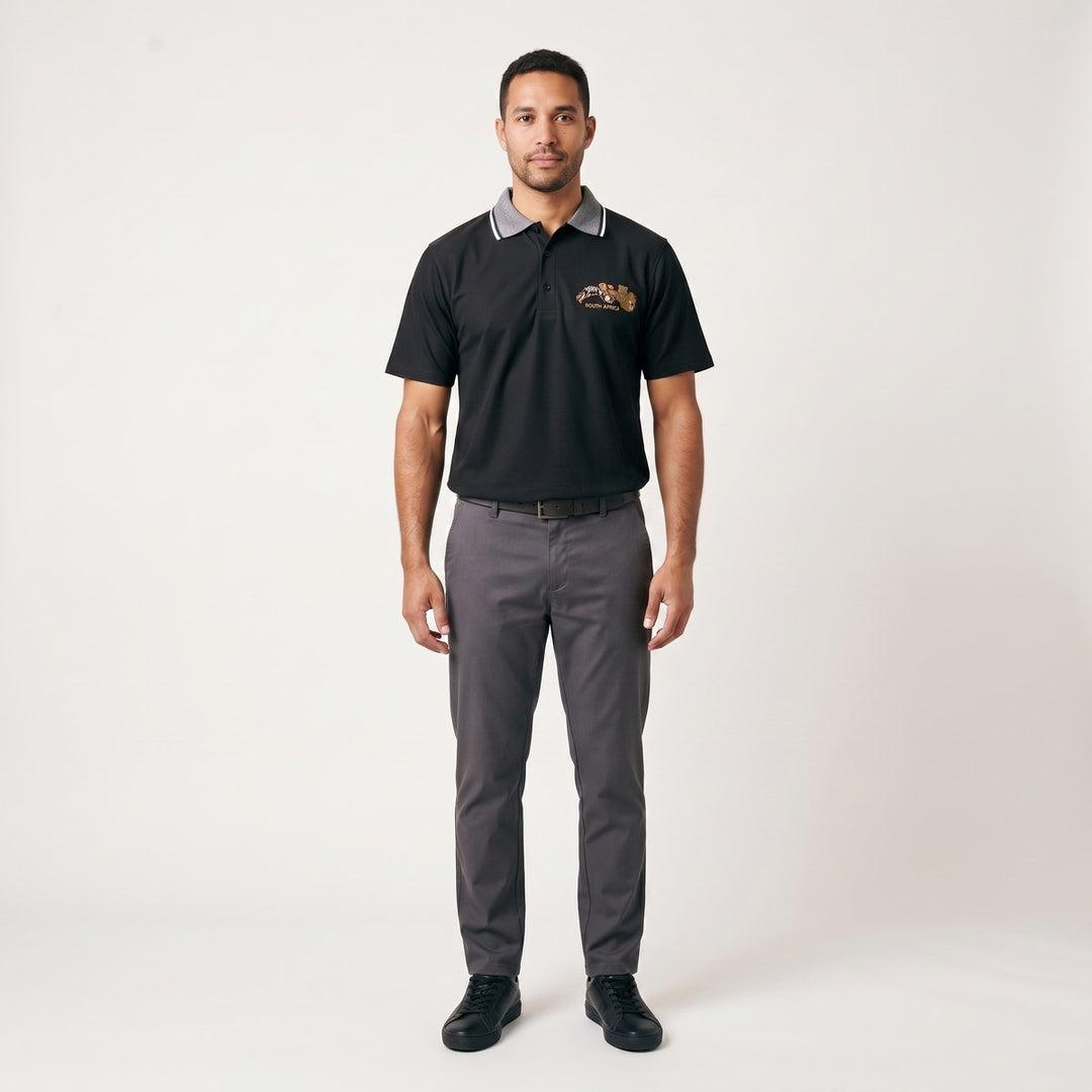 Men's black Golfer Big 5 polo shirt with gray collar and embroidered Big 5 animal logo on chest, worn by a man.