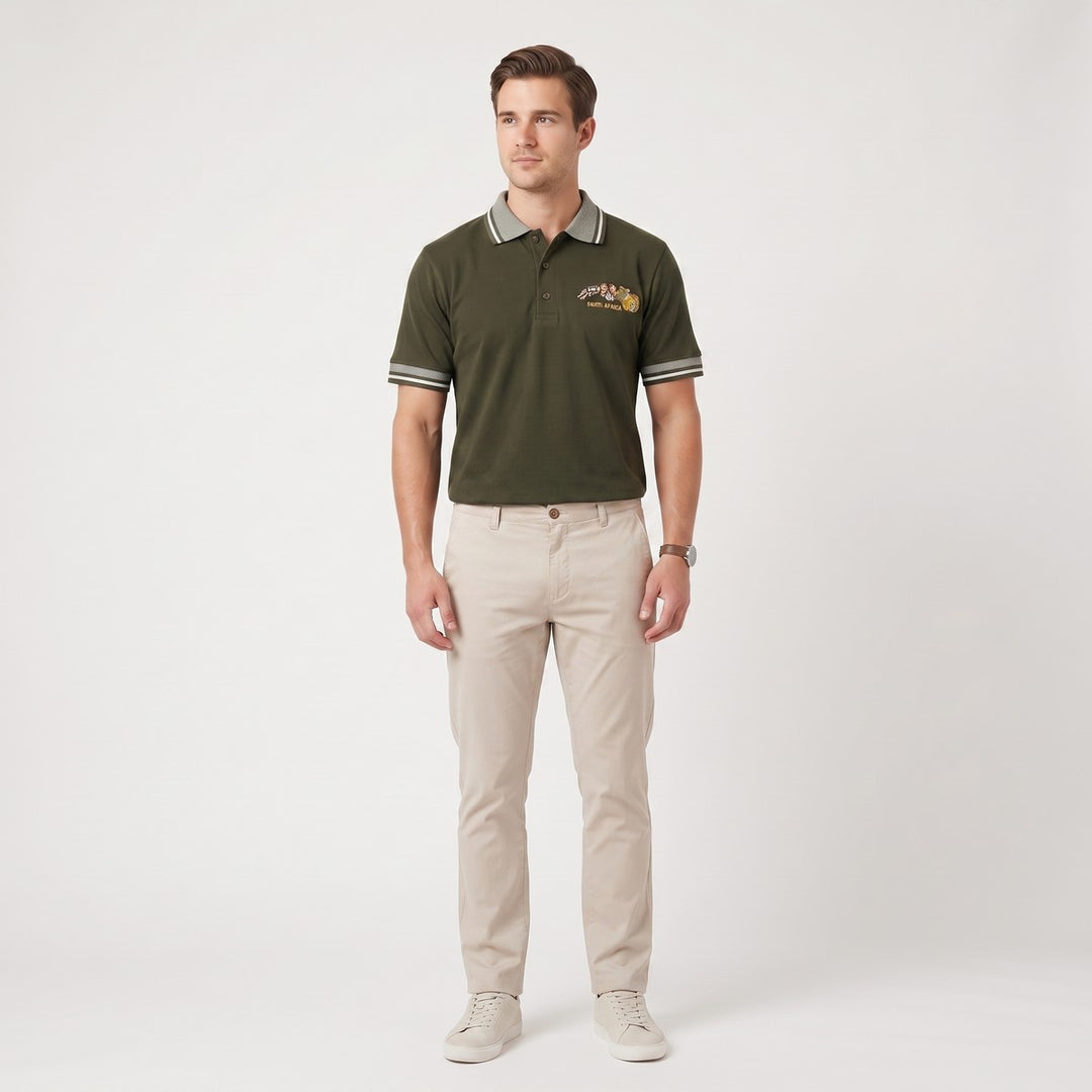Men's Golfer Big 5 Olive polo shirt with a 'South Africa' animal graphic, grey striped collar, and short sleeves.