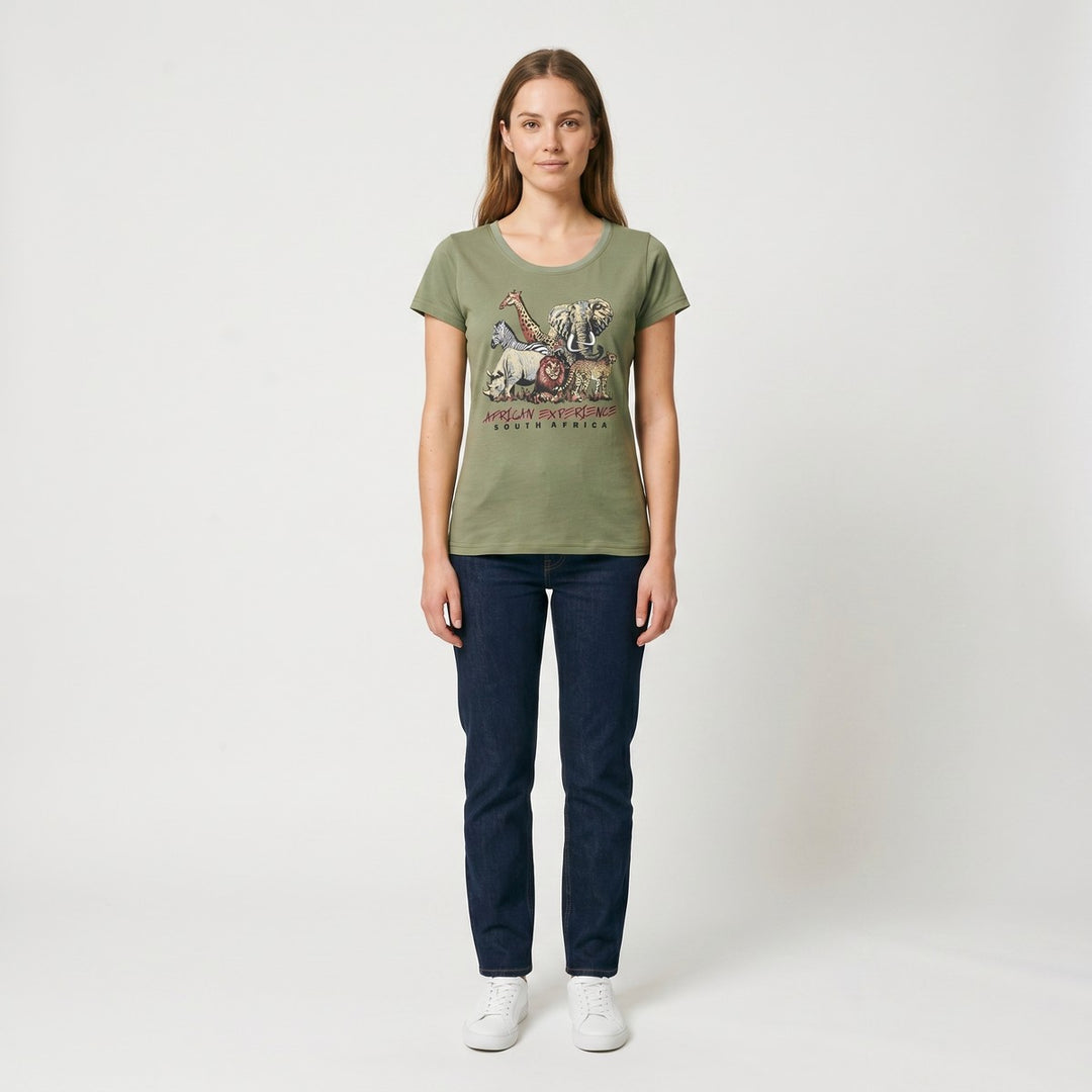 Olive green Big 5 Adventure T-shirt for adults, featuring a colorful graphic print of African safari animals.
