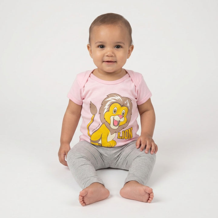 Pink short-sleeve infant t-shirt featuring a yellow cartoon lion graphic on the front.