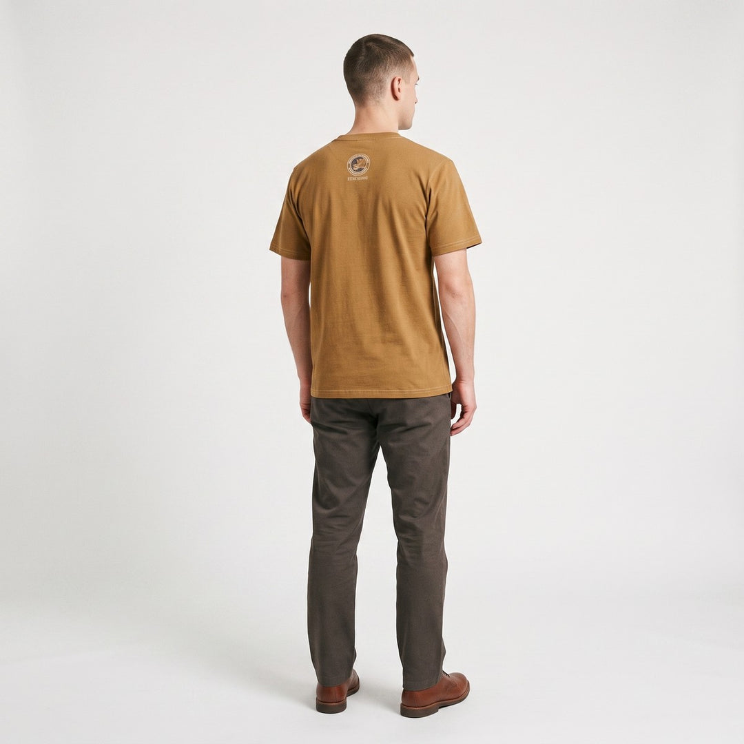 Brown cotton Rhino Poaching T-shirt, featuring a circular graphic logo on the back, displayed flat.