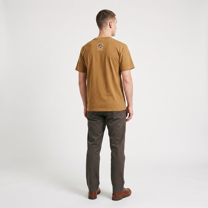 Brown cotton Rhino Poaching T-shirt, featuring a circular graphic logo on the back, displayed flat.