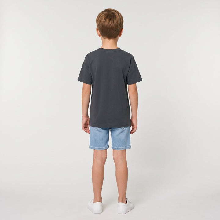 Charcoal SA Embroidery Print T-Shirt, presented flat from the back, highlighting its dark grey fabric and short-sleeve
