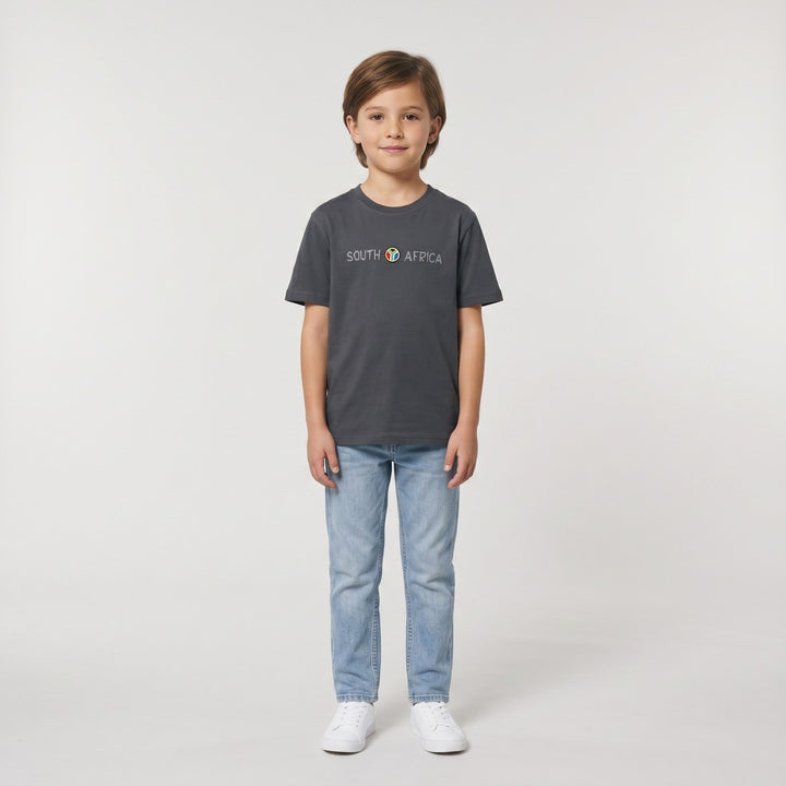 Charcoal grey SA Embroidery Print T-shirt for children, featuring a &