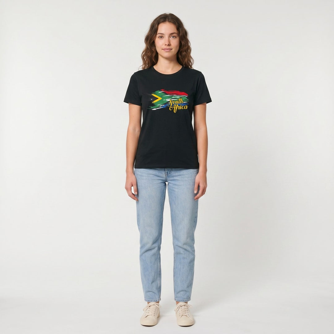 Black short sleeve crew neck t-shirt with a colorful brushstroke South African flag design and &