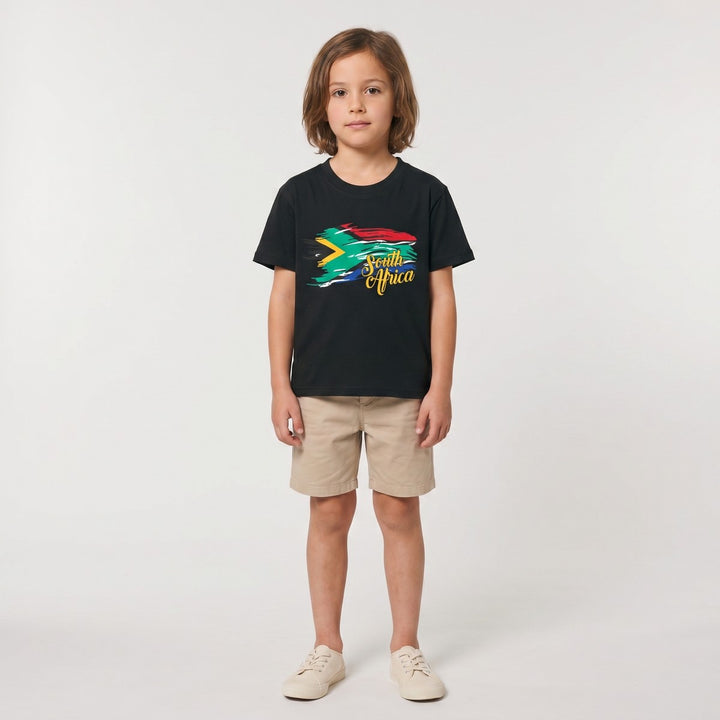 Black SA Flag T-shirt for children, featuring a vibrant brushstroke South African flag graphic with &