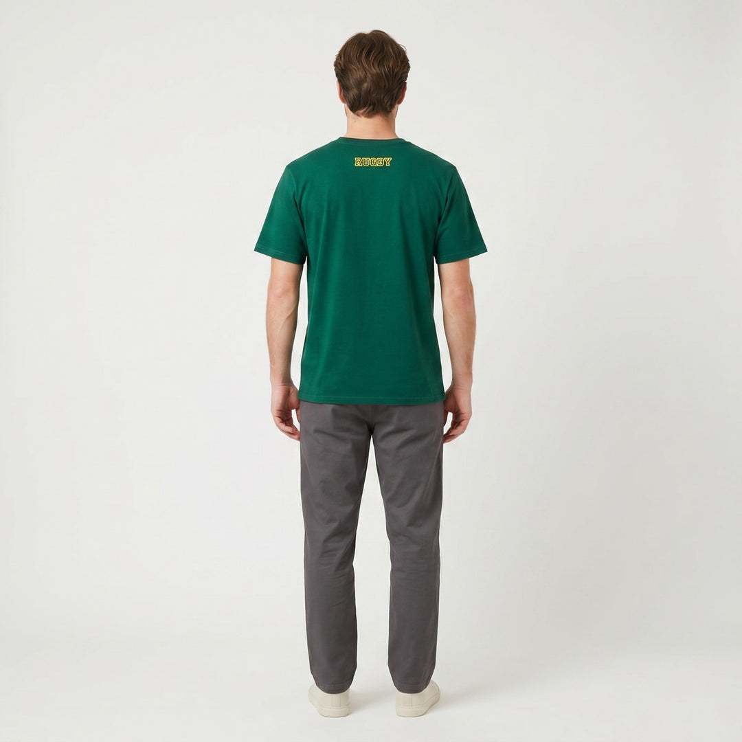 SA Rugby Bottle Green T-Shirt, back view of short sleeve crew neck tee in dark green with Rugby print at neck.