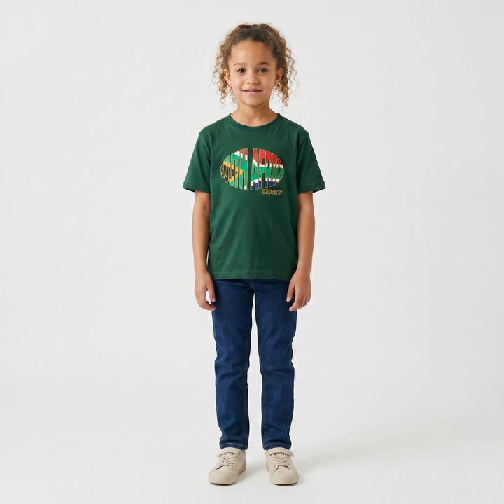 Front view of an SA Rugby bottle green t-shirt with short sleeves, featuring a vibrant &