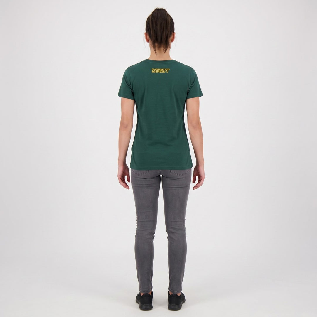 Green SA Rugby short-sleeve t-shirt, back view, featuring yellow &