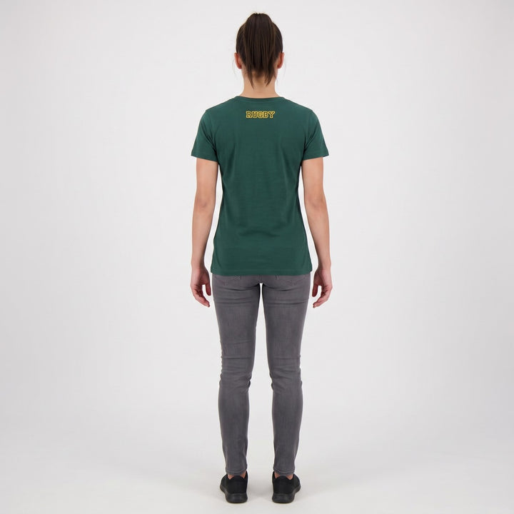 Green SA Rugby short-sleeve t-shirt, back view, featuring yellow &