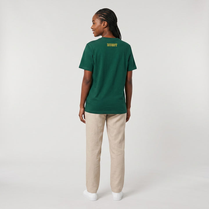Back view of a dark green SA Rugby T-Shirt, featuring &