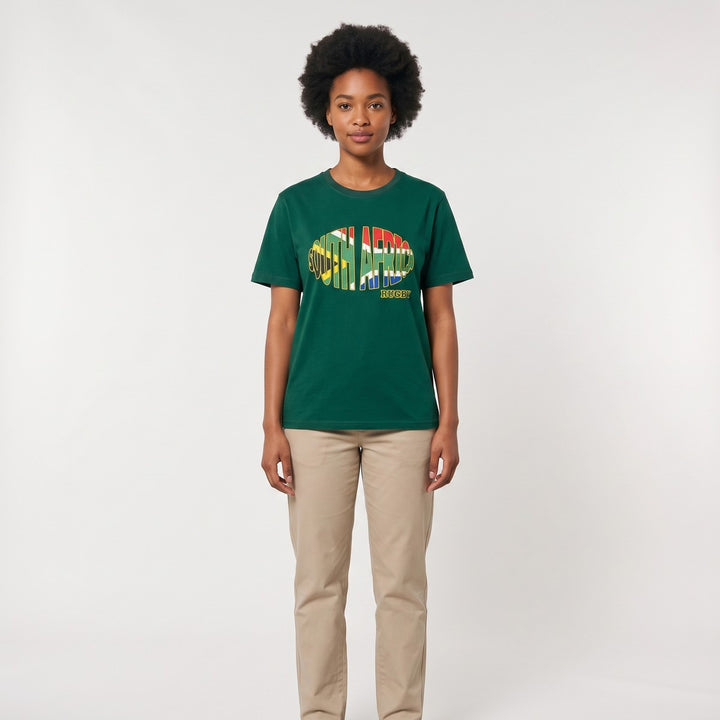 Front view of a green SA Rugby T-Shirt featuring a &