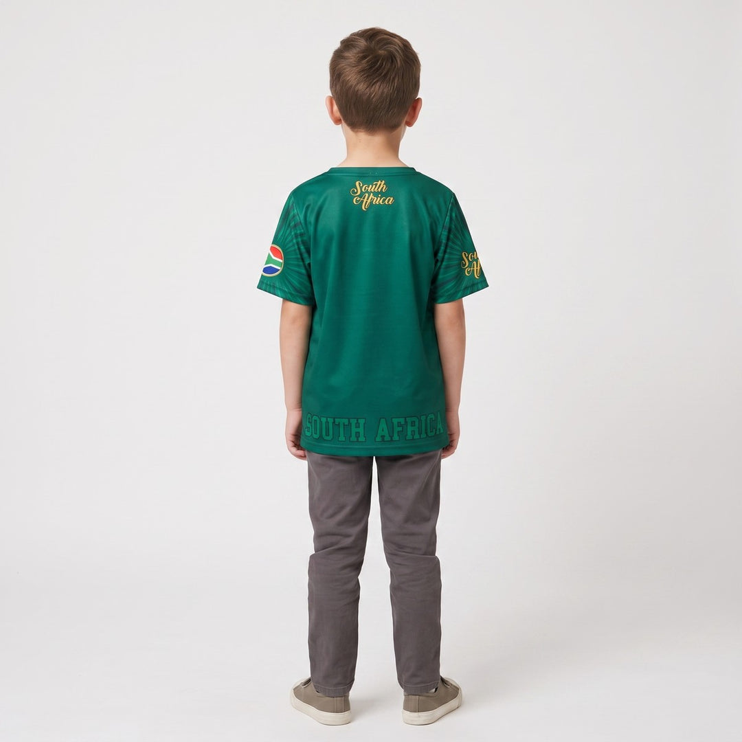 Green SA Sublimated Supporter T-Shirt, back view, featuring &