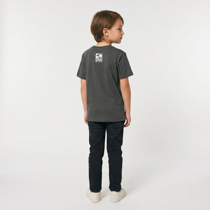 Dark gray short-sleeve Save The Rhino T-shirt, featuring the &