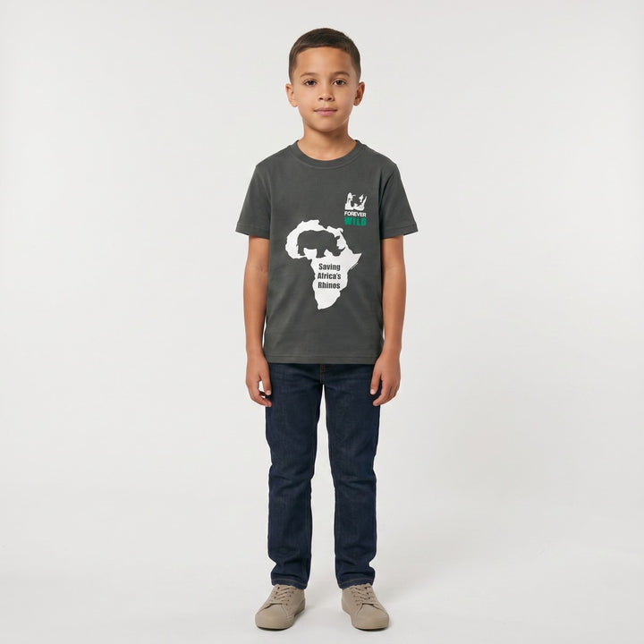 Front view of a dark grey Save The Rhino T-Shirt, featuring a white graphic of the African continent with a rhino and
