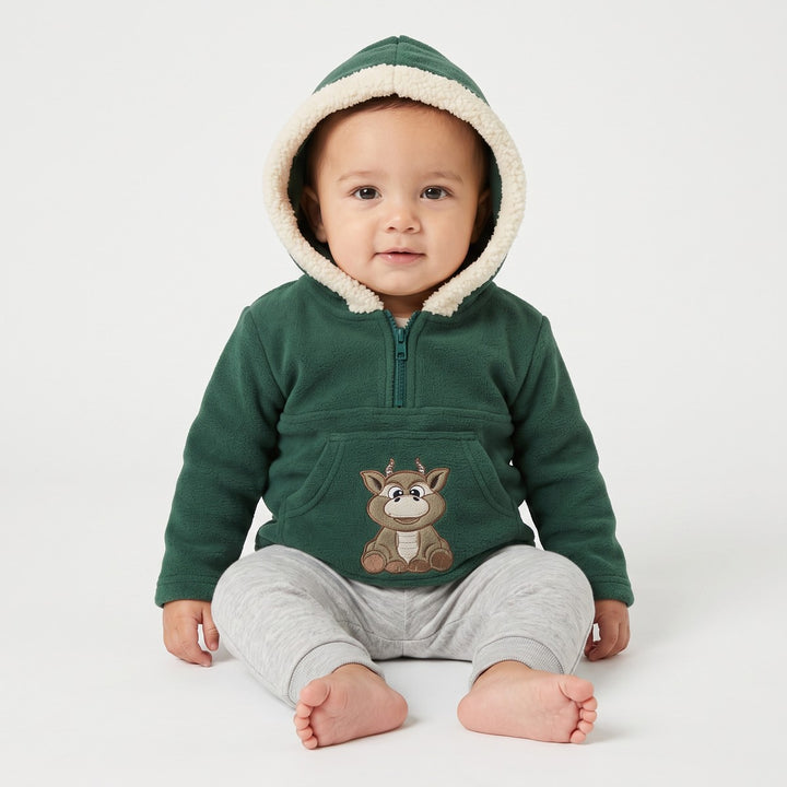 Springbok Bottle Green Hoodie for infants, crafted from soft fleece with a cream sherpa-lined hood and an adorable deer