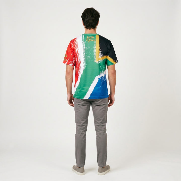 Sublimated T-shirt featuring a vibrant, distressed South African flag design, shown from the back view.