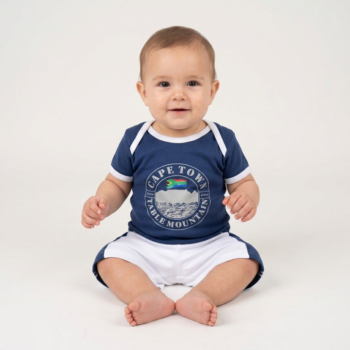 Table Mountain 2 Piece Set for babies, featuring a navy blue t-shirt with Cape Town graphic and matching white and navy