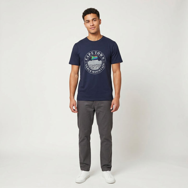 Navy blue Table Mountain t-shirt with a grey and colorful graphic print of &